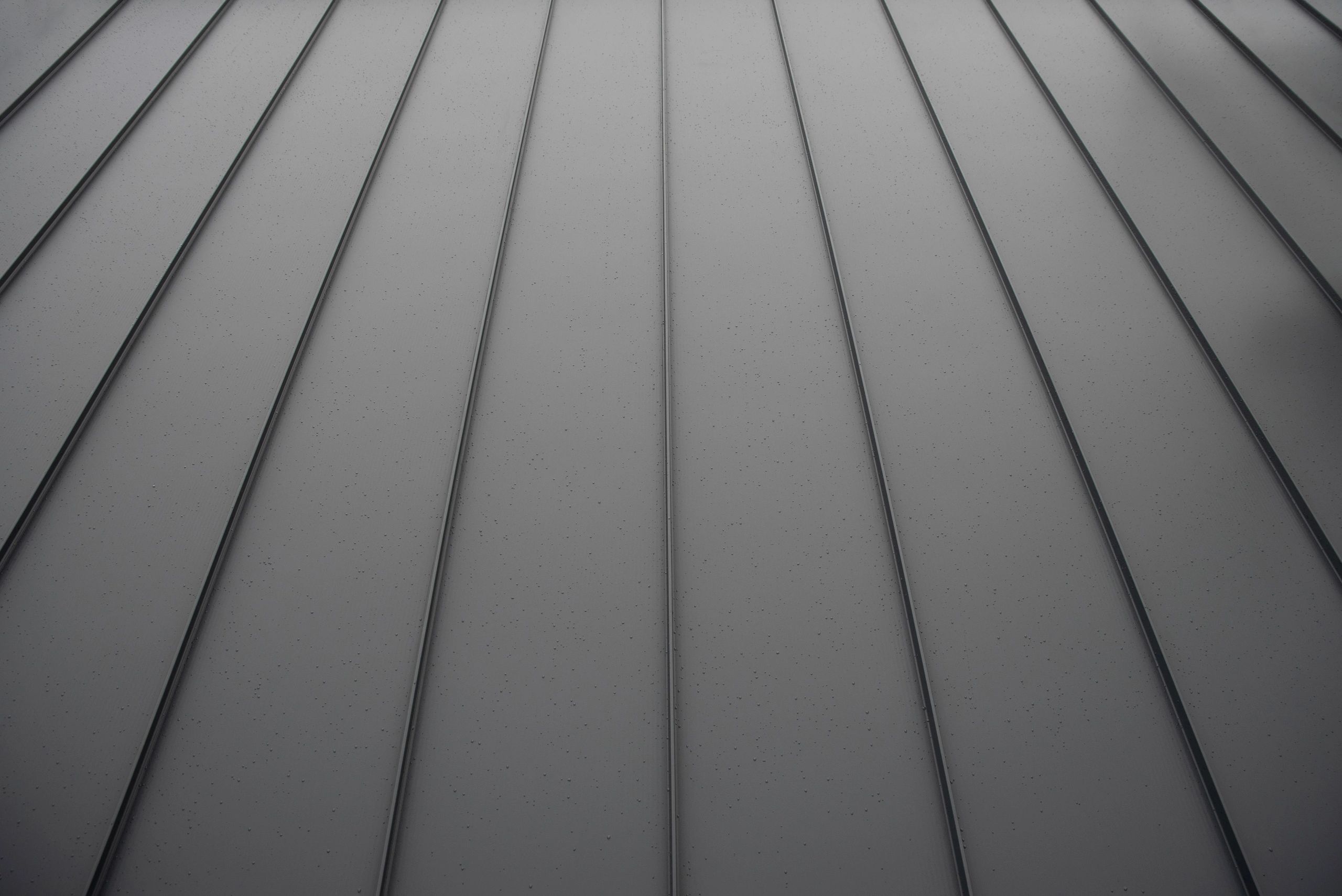 Close-up of a gray standing seam metal roof with water droplets